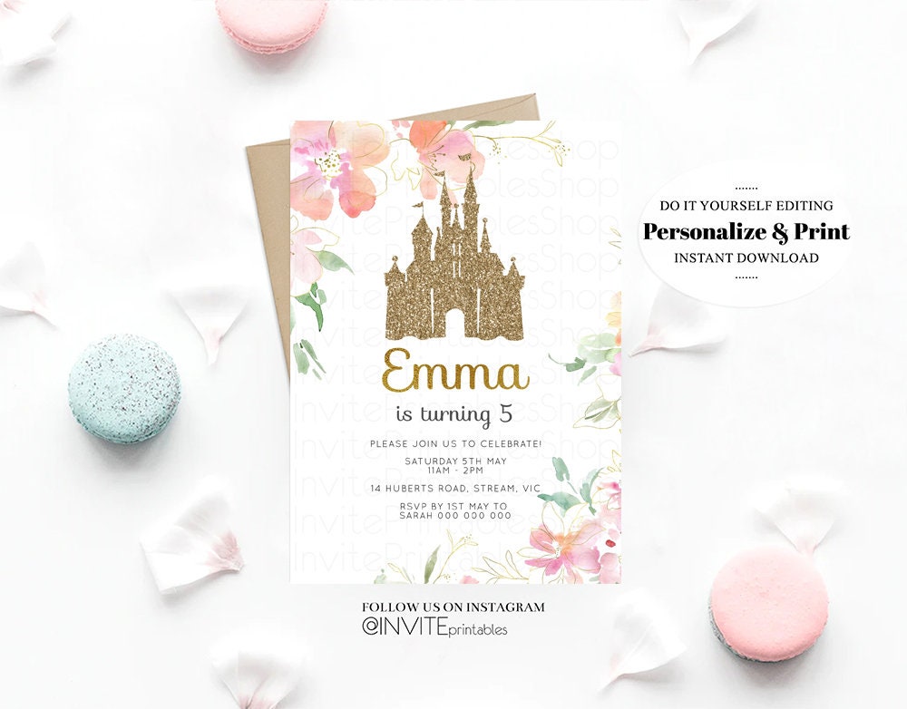 Princess Birthday Invitation Royal Castle Gold Glitter Enchanted Castle Floral Garden Pastel Pink Printable Editable Invite