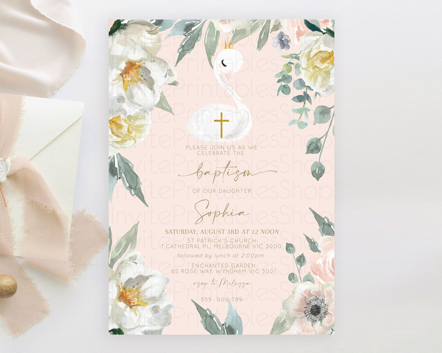 Swan Lake Baptism Invitation Swan Princess Ballet Baptism 1st Birthday Enchanted Forest Secret Garden Watercolour Pastel Floral D10115