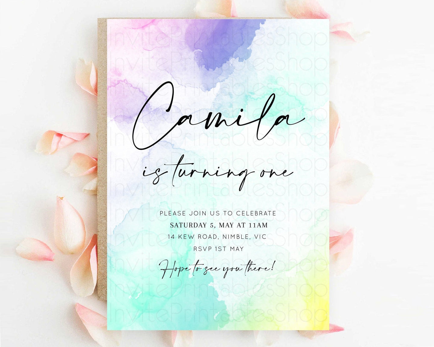 Rainbow Birthday Invitation Colorful Pastel Watercolor Invitation Gold Glitter Sprinkles Ombre Pastel 1st 2nd 3rd Birthday D10157