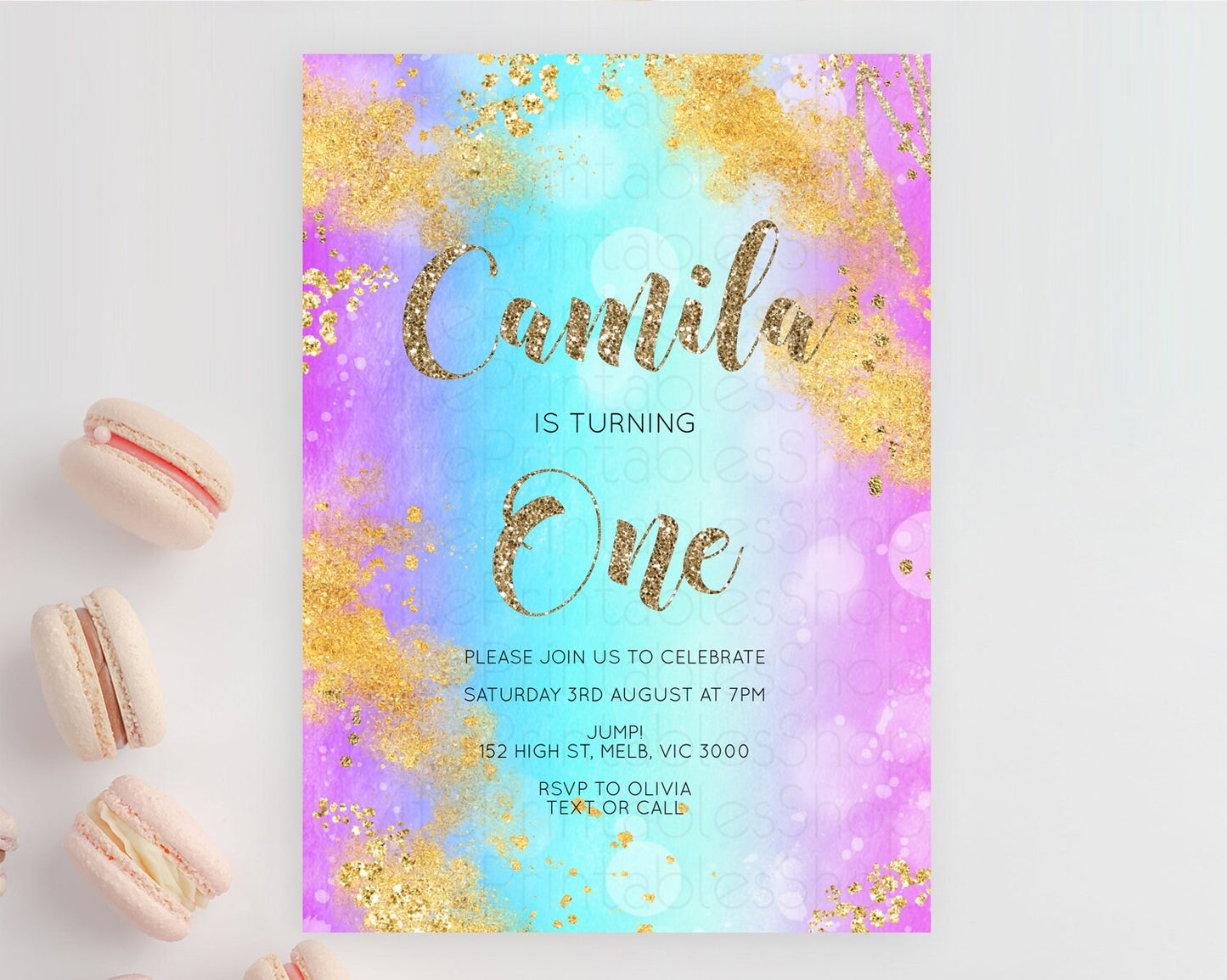 Rainbow Birthday Invitation Colorful Pastel Watercolor Invitation Gold Glitter Sprinkles Ombre Pastel 1st 2nd 3rd Birthday D10564