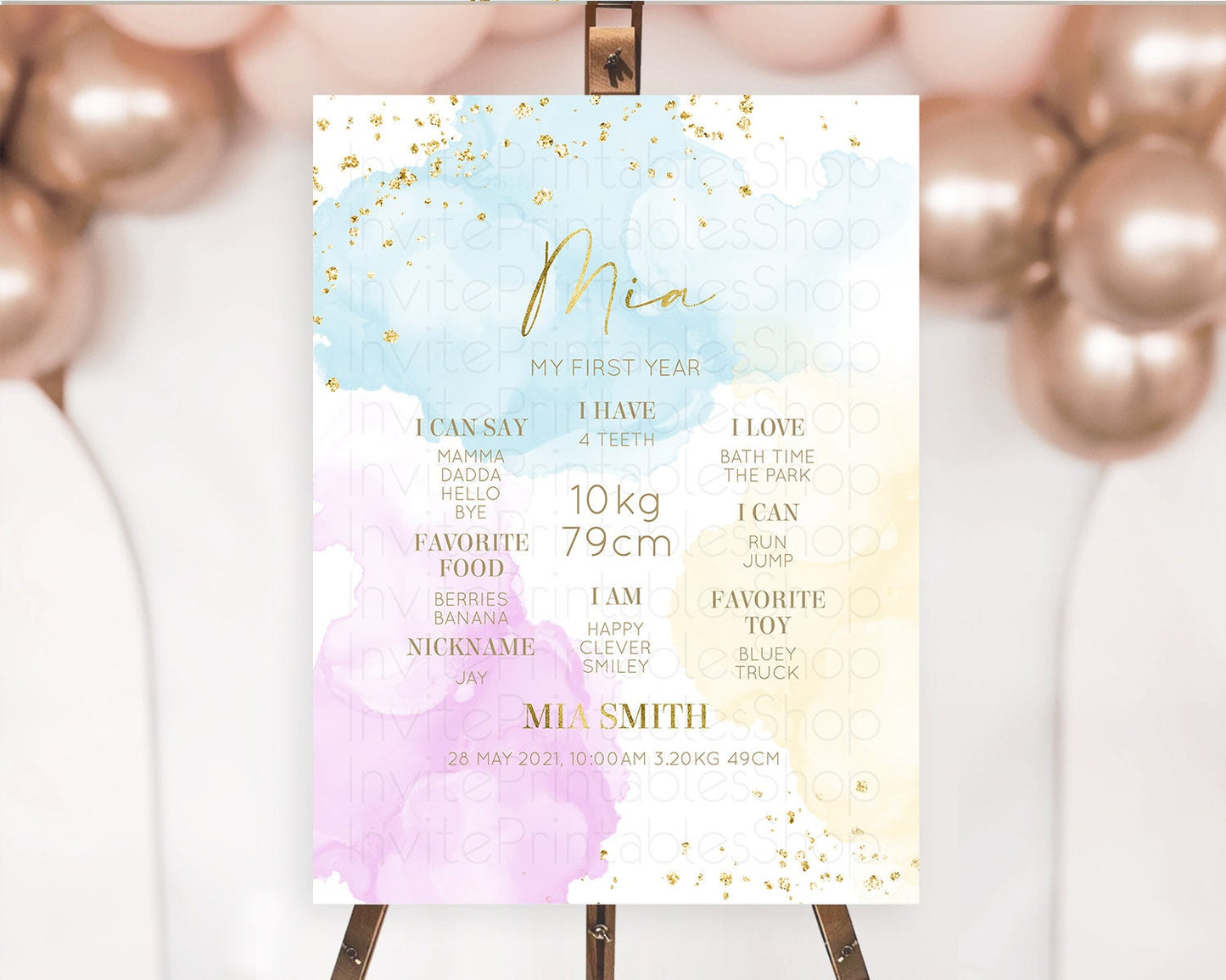 Pastel First Birthday Milestone Board Pastel Rainbow Milestone Poster Colorful Confetti Watercolor Glitter 1st Birthday Welcome Sign D10204