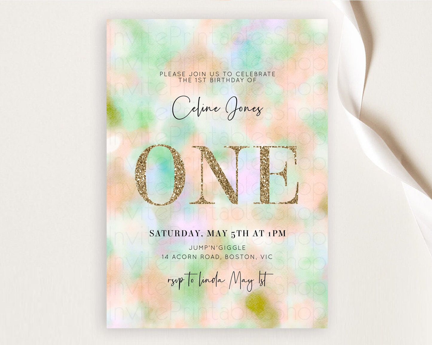 Rainbow Birthday Invitation Colorful Pastel Watercolor Invitation Gold Glitter Sprinkles Ombre Pastel 1st 2nd 3rd Birthday D10693