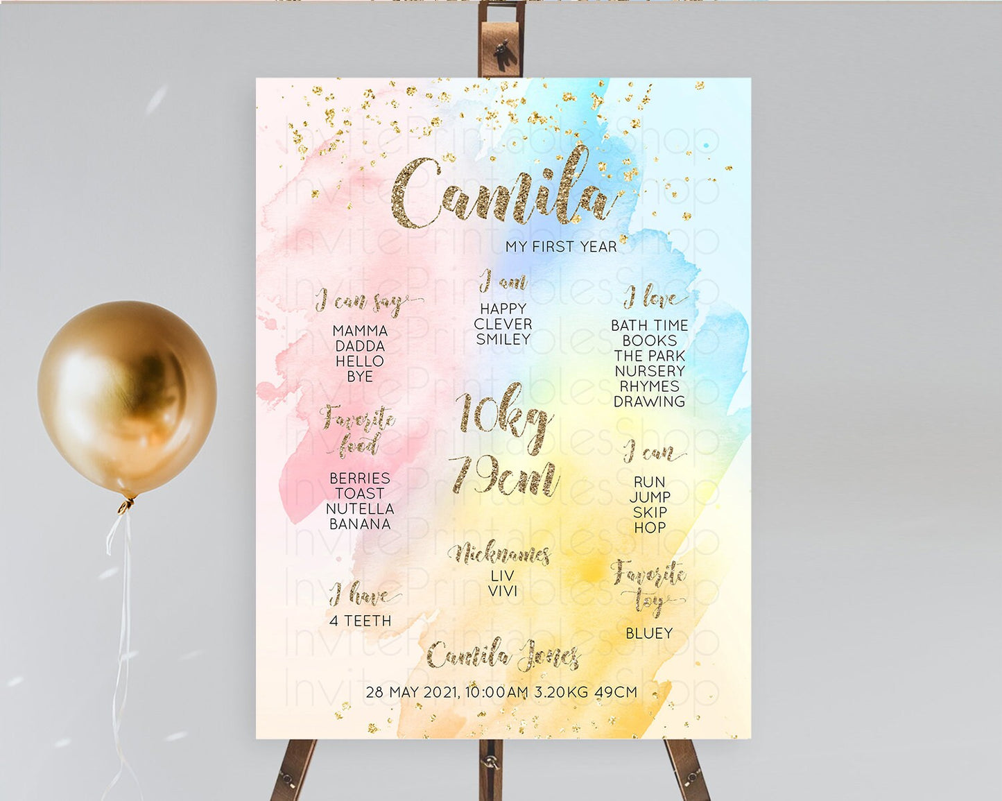 Pastel First Birthday Milestone Board Pastel Rainbow Milestone Poster Colorful Confetti Watercolor Glitter 1st Birthday Welcome Sign D10556