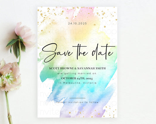 Editable Pastel Save The Date Template Pastel Ombre Rainbow Watercolor Color