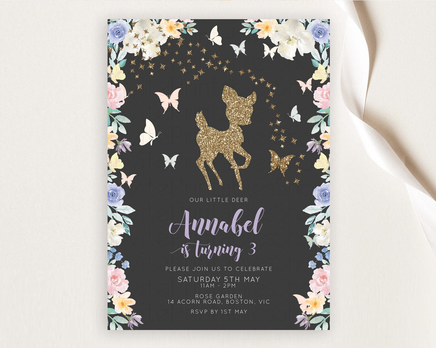 Fawn Birthday Invitation Deer Birthday Invitation Enchanted Forest Party Butterfly Pastel Flowers Whimsical 2nd 1st First Birthday D10880