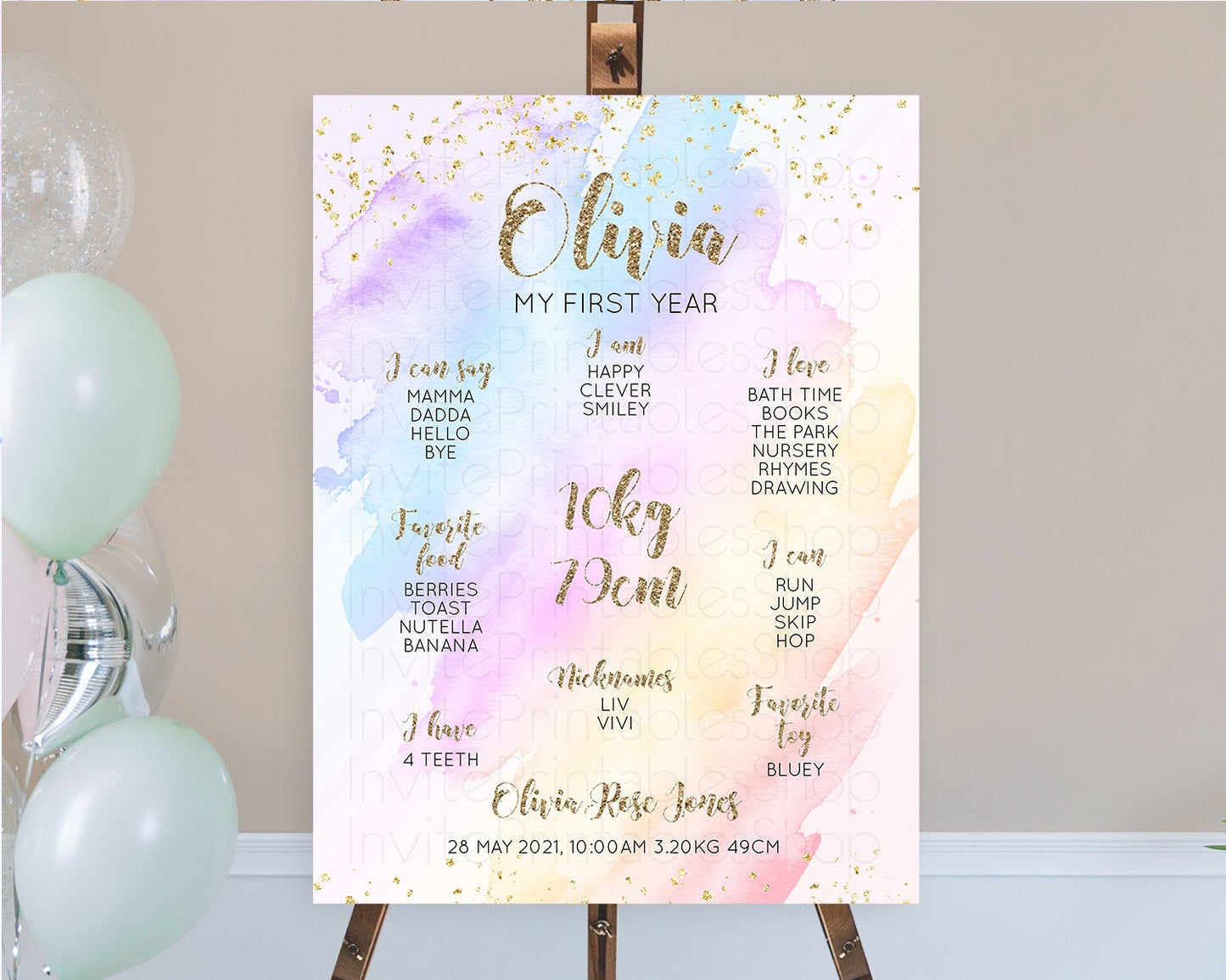 Pastel First Birthday Milestone Board Pastel Rainbow Milestone Poster Colorful Confetti Watercolor Glitter 1st Birthday Welcome Sign D10633