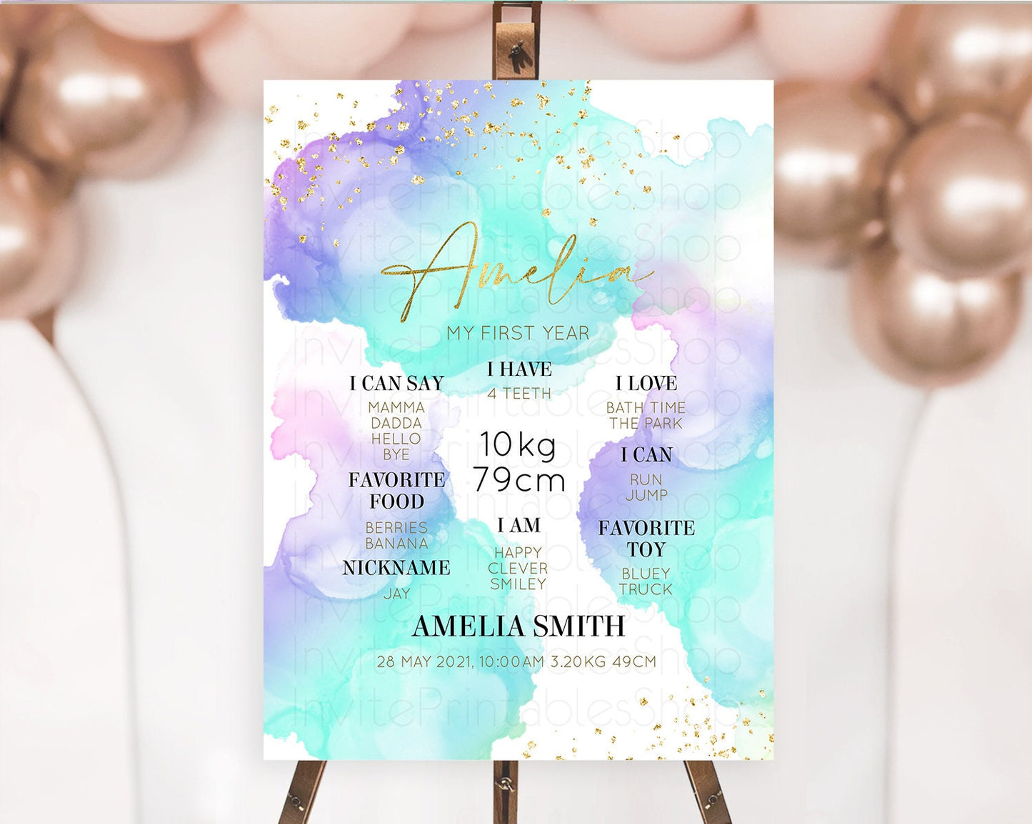 Pastel First Birthday Milestone Board Pastel Rainbow Milestone Poster Colorful Confetti Watercolor Glitter 1st Birthday Welcome Sign D10212