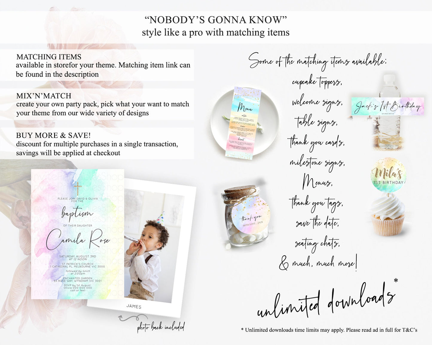 Pastel Baptism Invitation Pastel Colors Watercolor Baptism 1st Birthday Party Gold Ombre Pastel Rainbow Christening Holy Communion D10231