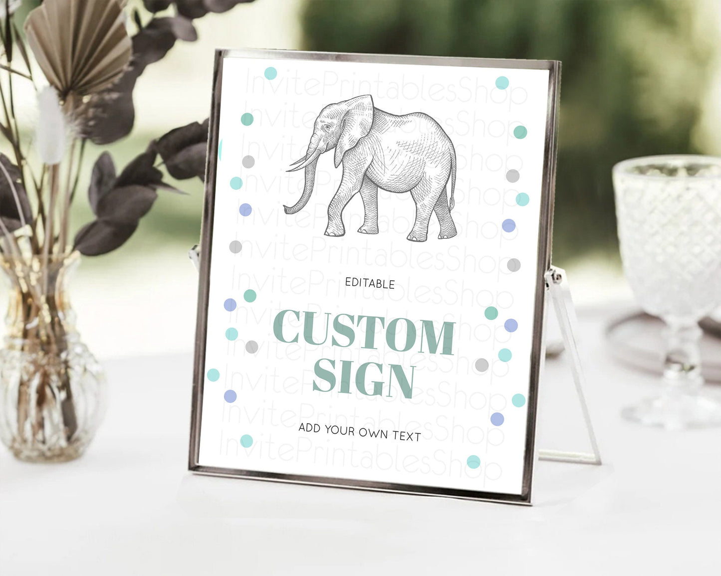 Elephant Sign Elephant Safari Adventure Party Table Sign Decor Dried Palm Fern Zoo 1st Birthday Baptism Baby Shower Bridal Shower D10859