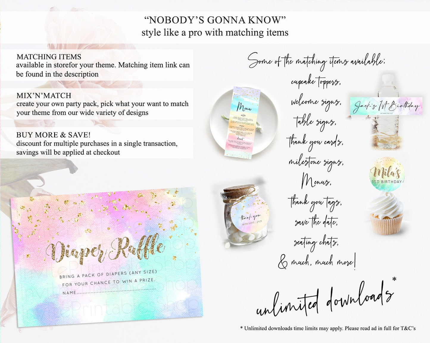 Pastel Diaper Raffle Card Pastel Rainbow Diaper Raffle Insert Colorful Ombre Watercolor Diaper Ticket Confetti Glitter Raffle Game D10669