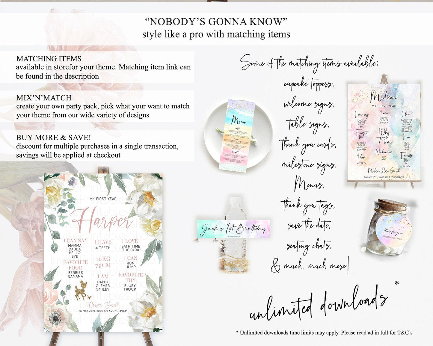 Fawn First Birthday Milestone Board Deer First Birthday Milestone Poster Enchanted Forest Butterfly Pastel Flowers 1st Birthday Sign D10120