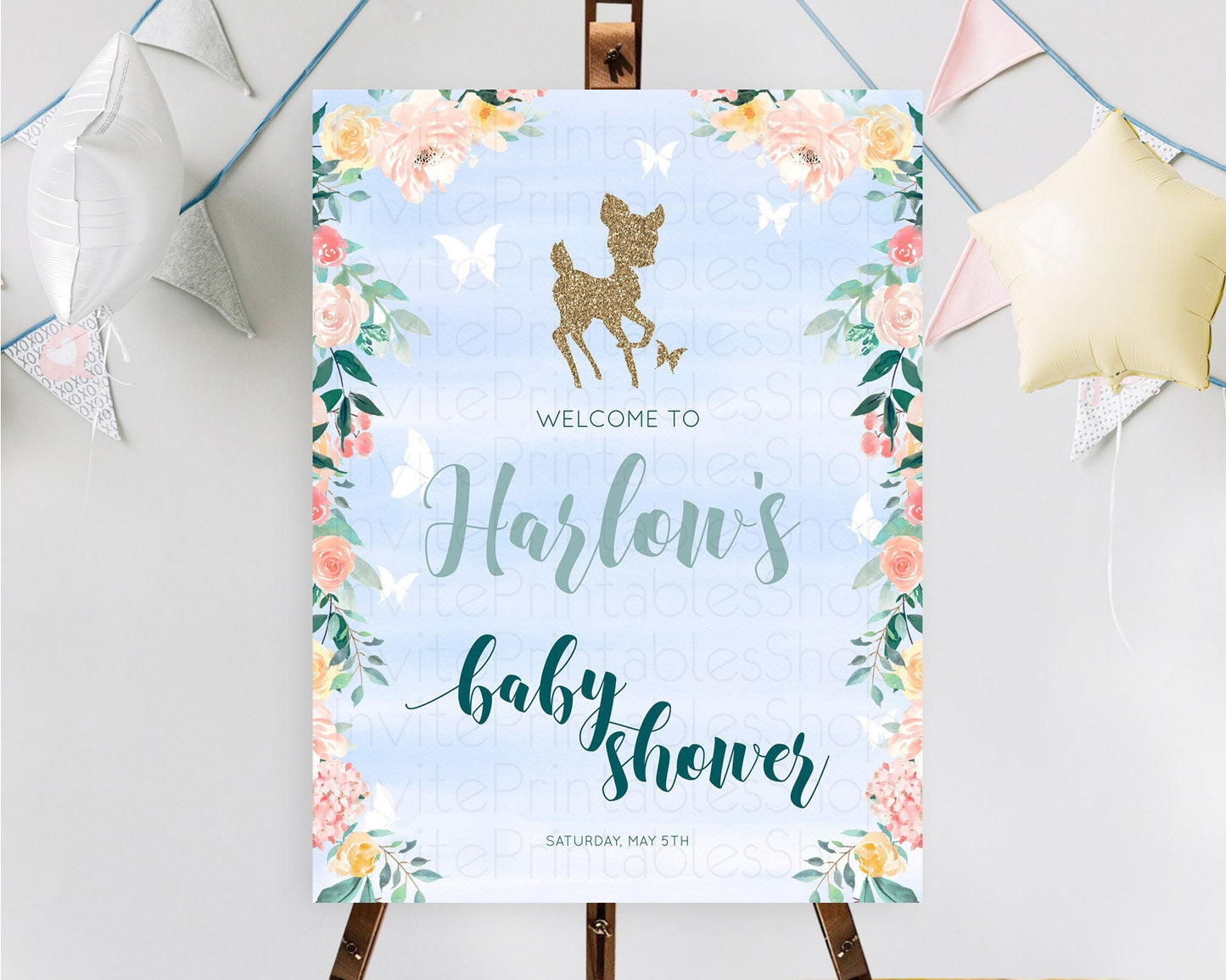 Fawn Baby Shower Welcome Sign Deer Welcome Board Floral Deer Welcome Poster Enchanted Forest Butterfly Pastel Floral Welcome Sign D10875