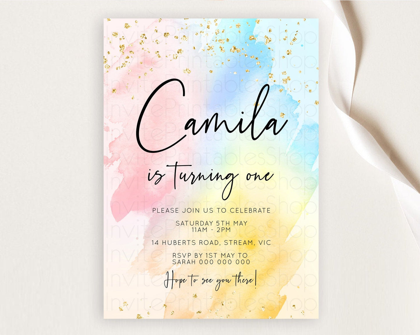 Rainbow Birthday Invitation Colorful Pastel Watercolor Invitation Gold Glitter Sprinkles Ombre Pastel 1st 2nd 3rd Birthday D10557