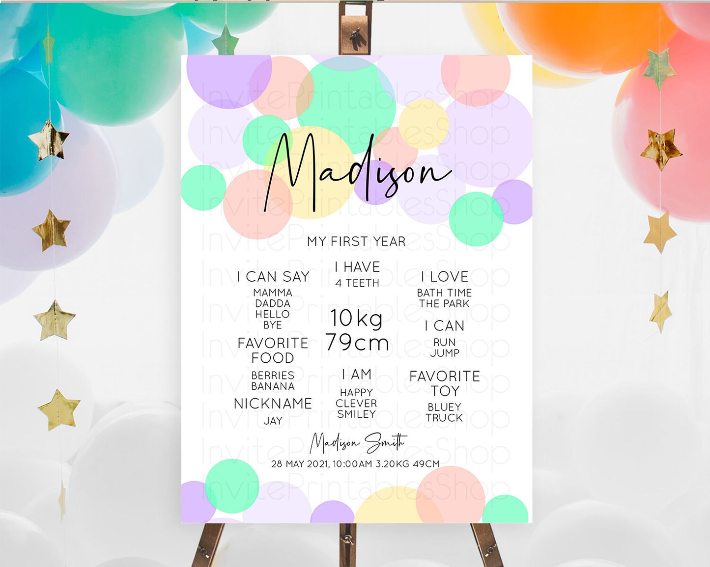 Pastel First Birthday Milestone Poster Pastel Rainbow Confetti First Birthday Milestone Board Colorful Bubbles Birthday Welcome Sign D10380