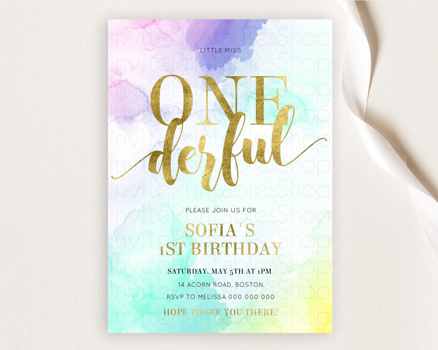 ONEderful Rainbow Birthday Invitation Colorful Pastel Watercolor Invitation Gold Glitter Sprinkles Ombre Pastel 1st Birthday D11024