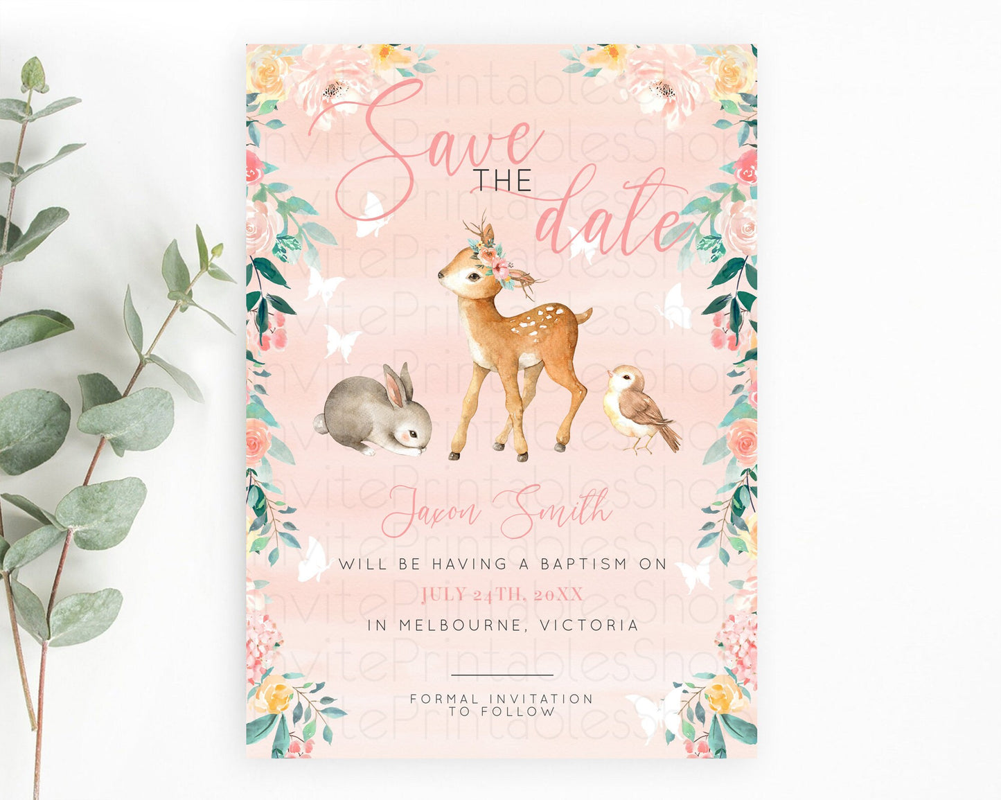 Fawn Deer Save The Date Template Pastel Floral Deer Enchanted Forest Butterfly Party 1st Birthday Baptism Baby Shower Bridal Shower D10921