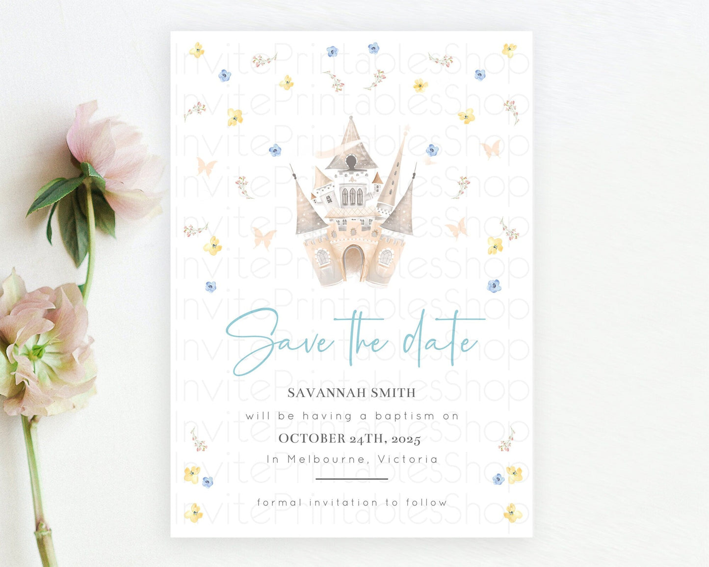 Princess Save The Date Template Secret Garden Enchanted Castle Pastel Floral Royal Party For 1st Birthday Baptism Baby Shower D10365