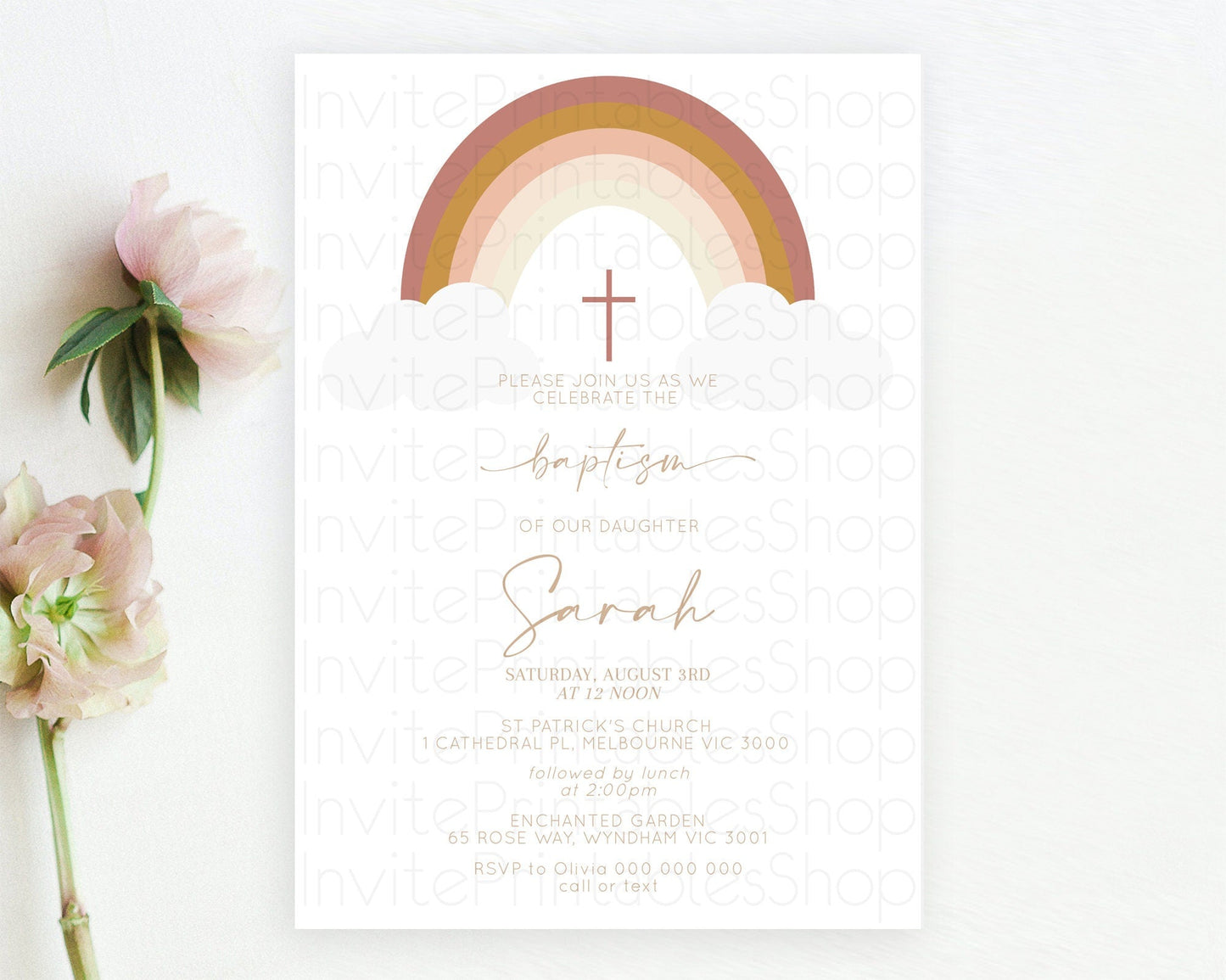 Pastel Rainbow Baptism Invitation Boho Rainbow Baptism 1st Birthday Invitation Rainbow Pastel Watercolor Christening Invitation D10122