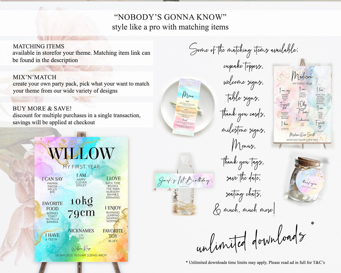 Pastel First Birthday Milestone Board Pastel Rainbow Milestone Poster Colorful Confetti Watercolor Glitter 1st Birthday Welcome Sign D10393