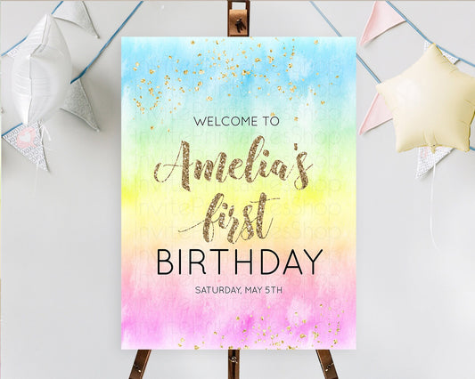 Pastel Welcome Sign Pastel Rainbow Welcome Sign Colorful Rainbow Confetti Watercolor Glitter Pastel First Birthday Welcome Sign D10479