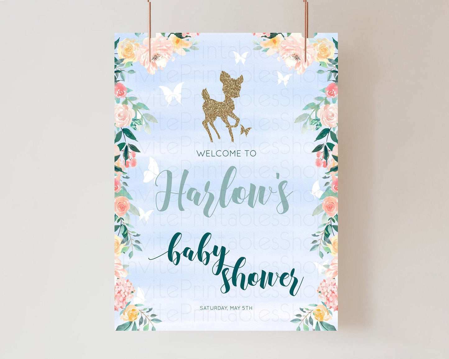 Fawn Baby Shower Welcome Sign Deer Welcome Board Floral Deer Welcome Poster Enchanted Forest Butterfly Pastel Floral Welcome Sign D10875