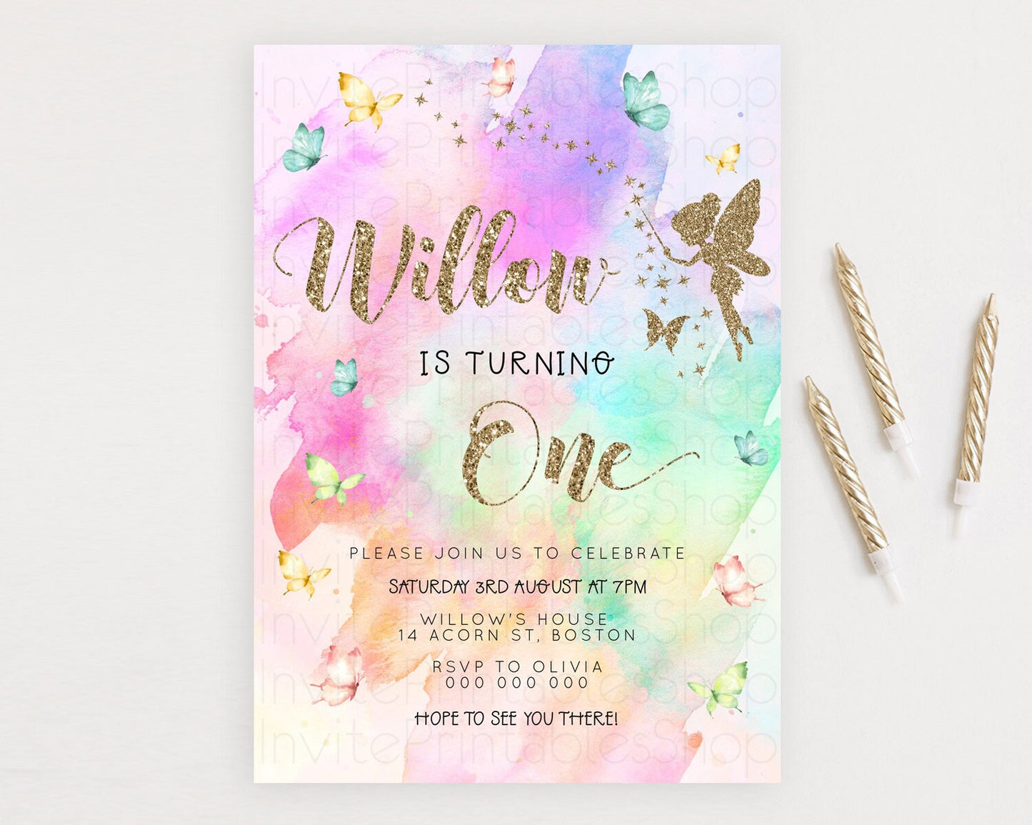 Pastel Fairy Birthday Invitation Pastel Butterflies Fairy Birthday Invitation Rainbow Ombre Watercolor 1st 2nd Birthday Invitation D23337