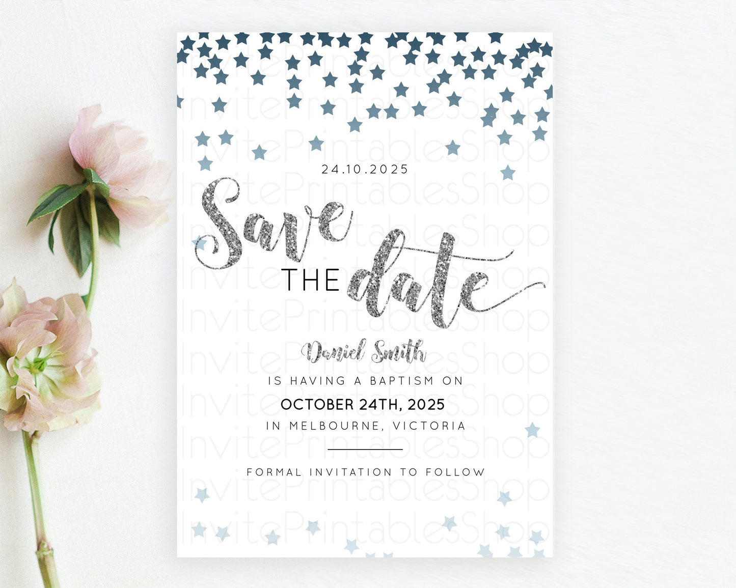 Twinkle Stars Save The Date Template Pastel Twinkle Little Star Party Shooting Star Confetti Sprinkles Birthday Baptism Baby Shower D10330