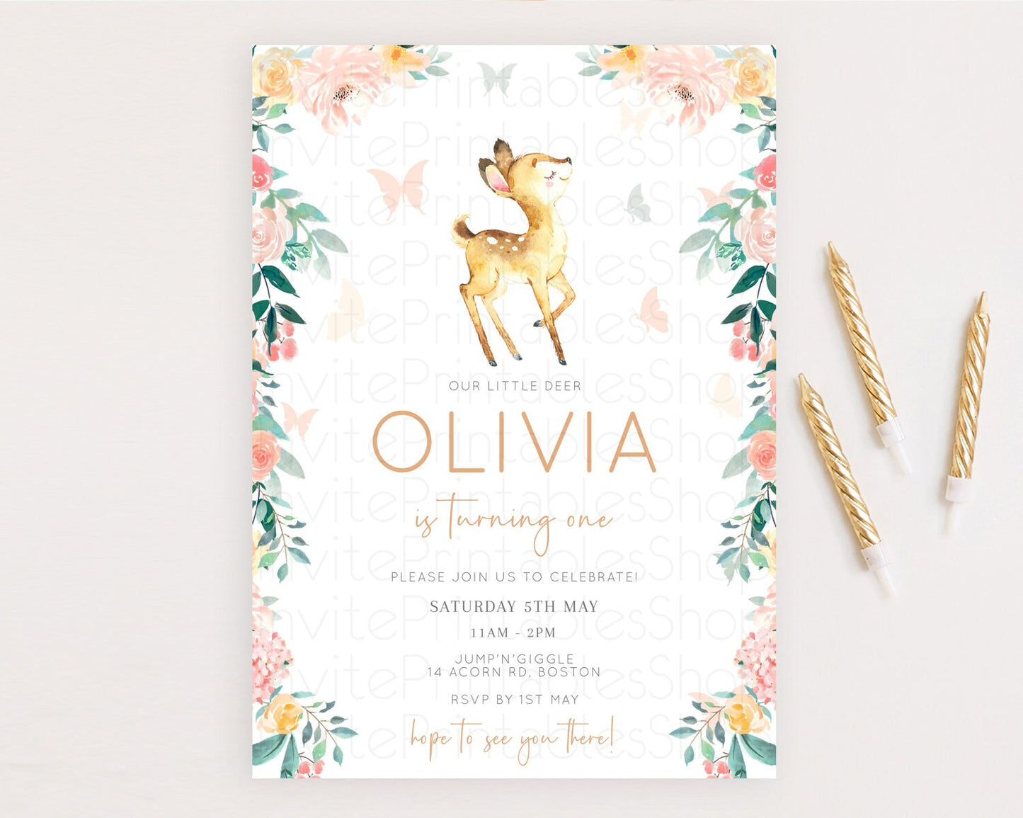 Fawn Birthday Invitation Deer Birthday Invitation Enchanted Forest Party Butterfly Pastel Flowers Whimsical 2nd 1st First Birthday D10753