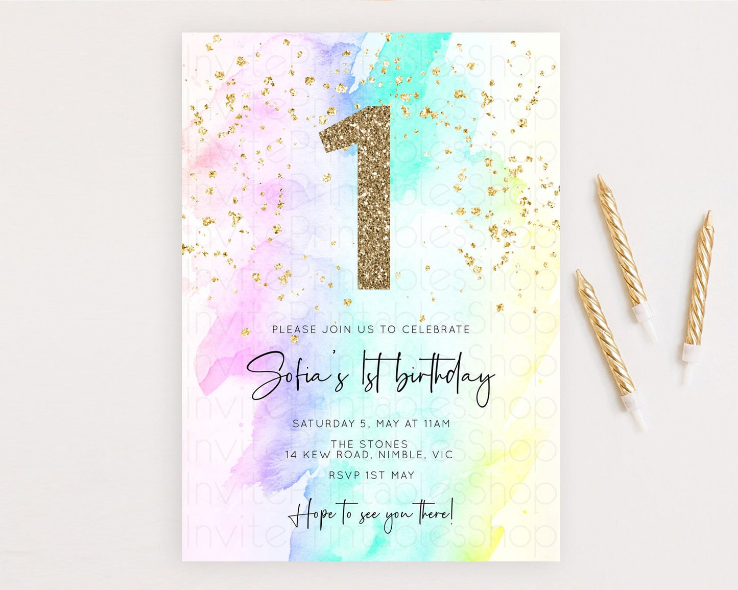 Rainbow Birthday Invitation Colorful Pastel Watercolor Invitation Gold Glitter Sprinkles Ombre Pastel 1st 2nd 3rd Birthday D10231