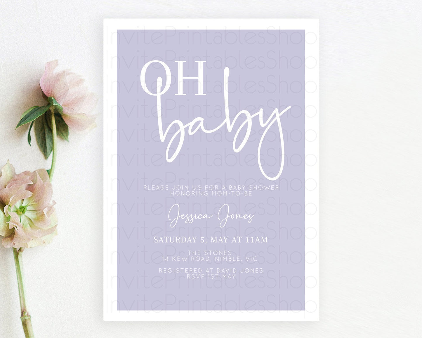 Minimalist Purple Baby Shower Invitation, Purple Invitation, It's a Girl, Modern, Simple Pastel Purple Invitation Stylish Celebration D10942