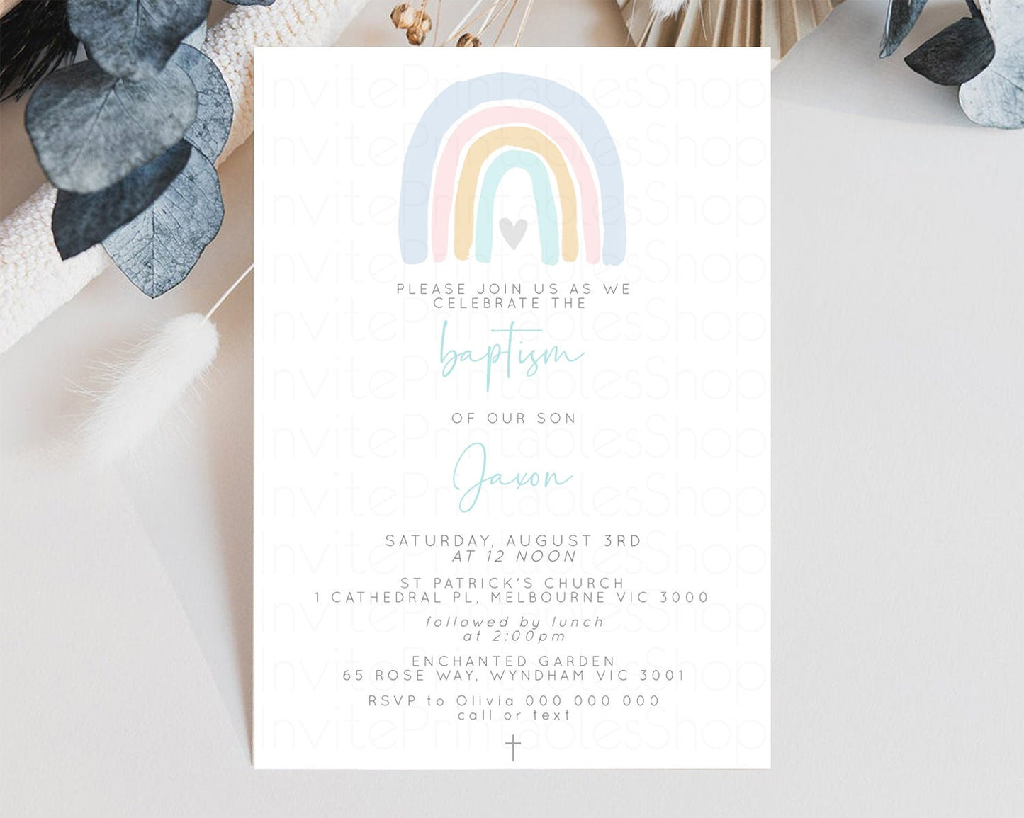 Rainbow Baptism Invitation Pastel Rainbow Christening Invitation Watercolor Boho Rainbow Invite Pastel Colors Rainbow Heart Invite Cross 19