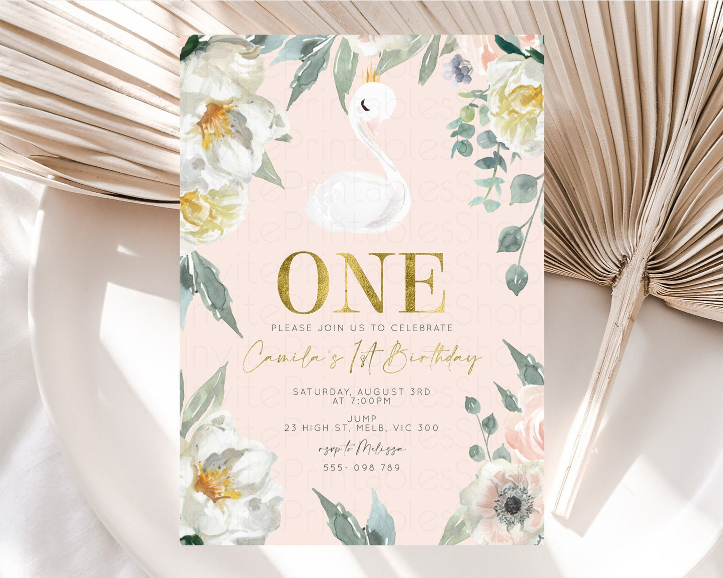 Swan Birthday Invitation White Floral Birthday Invitation Swan Princess Invite Ballet Swan Princess Invite Enchanted Garden Invite s102