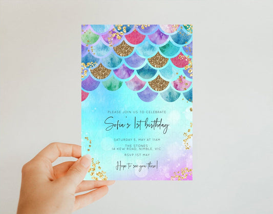 Mermaid Rainbow Birthday Invitation Pastel Birthday Invite Rainbow Invite Colorful Watercolor Invite Glitter Sprinkle Invite Under the Sea