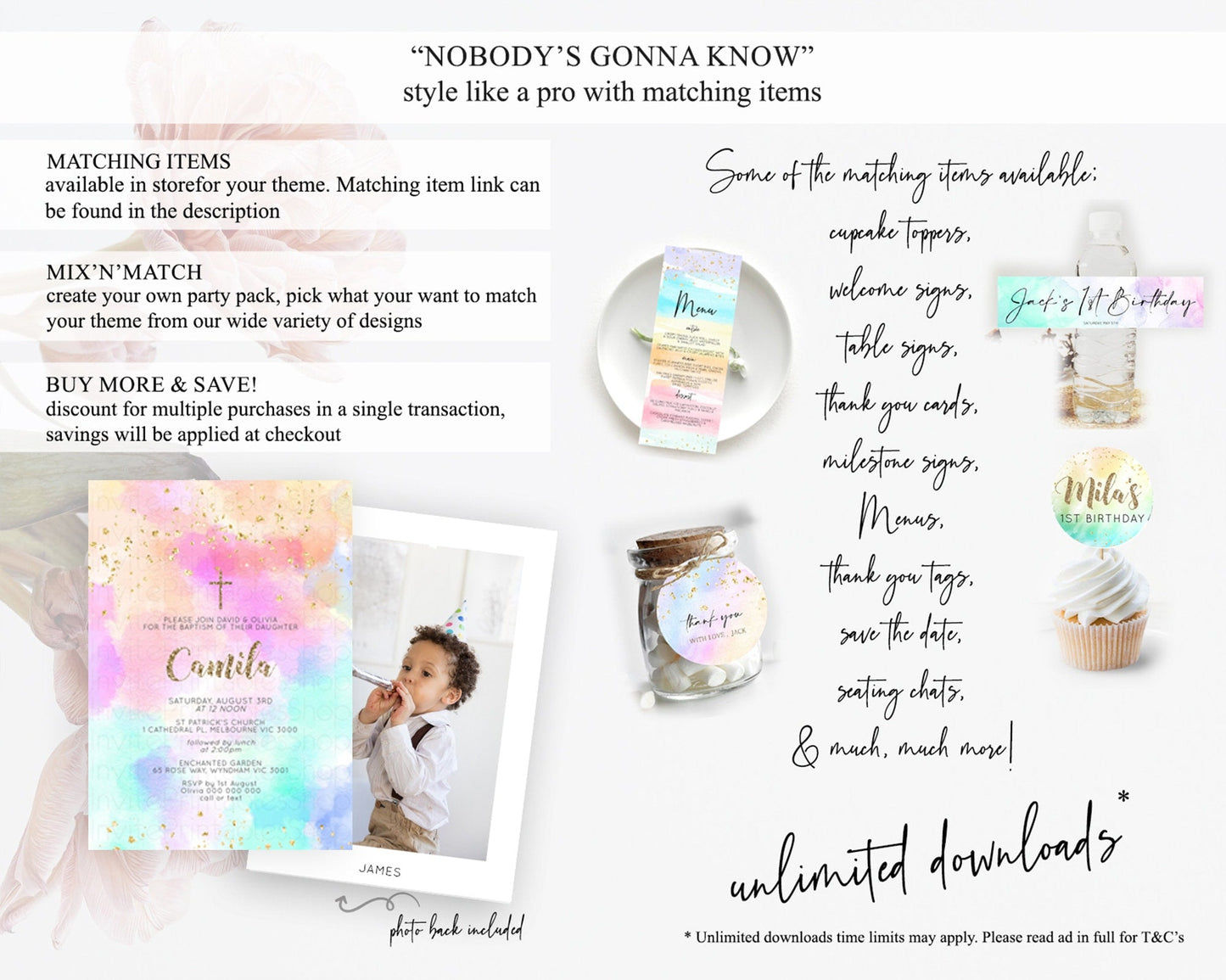 Pastel Baptism Invitation Pastel Colors Watercolor Baptism 1st Birthday Party Gold Ombre Pastel Rainbow Christening Holy Communion D10669