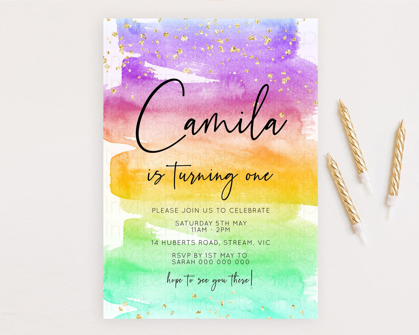 Rainbow Birthday Invitation Colorful Pastel Watercolor Invitation Gold Glitter Sprinkles Ombre Pastel 1st 2nd 3rd Birthday D10524