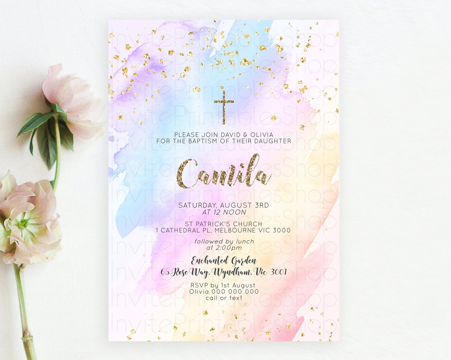 Pastel Baptism Invitation Pastel Colors Watercolor Baptism 1st Birthday Party Gold Ombre Pastel Rainbow Christening Holy Communion D10633