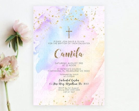 Pastel Baptism Invitation Pastel Colors Watercolor Baptism 1st Birthday Party Gold Ombre Pastel Rainbow Christening Holy Communion D10633