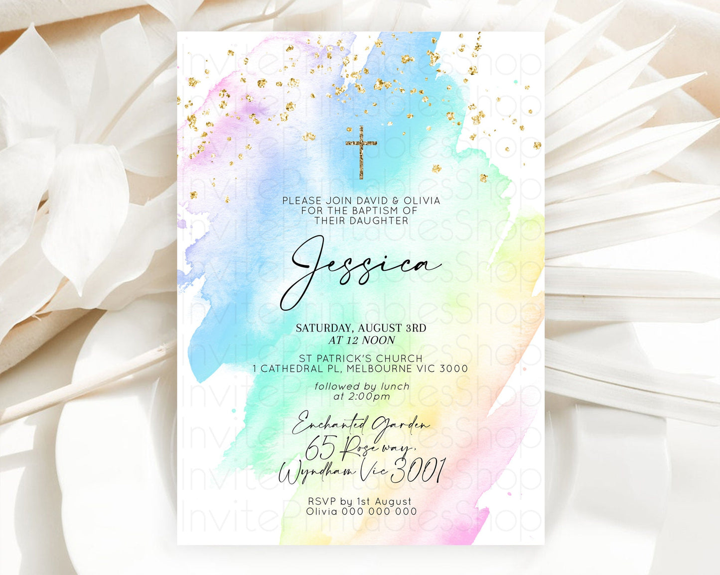 Pastel Baptism Invitation Pastel Colors Watercolor Baptism 1st Birthday Party Gold Ombre Pastel Rainbow Christening Holy Communion D10640