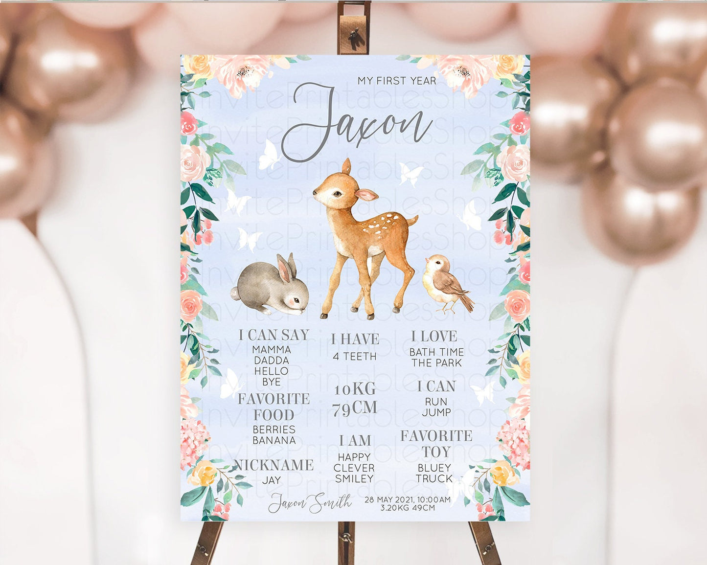 Fawn First Birthday Milestone Board Deer First Birthday Milestone Poster Enchanted Forest Butterfly Pastel Flowers 1st Birthday Sign D10920