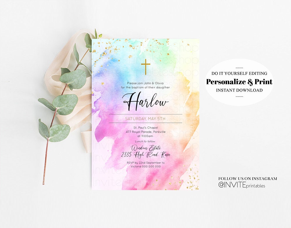 Rainbow Baptism Invitation Pastel Watercolor Christening Invitation Glitter Invite Colorful Splash Invite Gold Cross Holy Communion