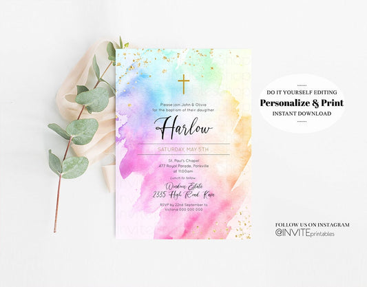 Rainbow Baptism Invitation Pastel Watercolor Christening Invitation Glitter Invite Colorful Splash Invite Gold Cross Holy Communion