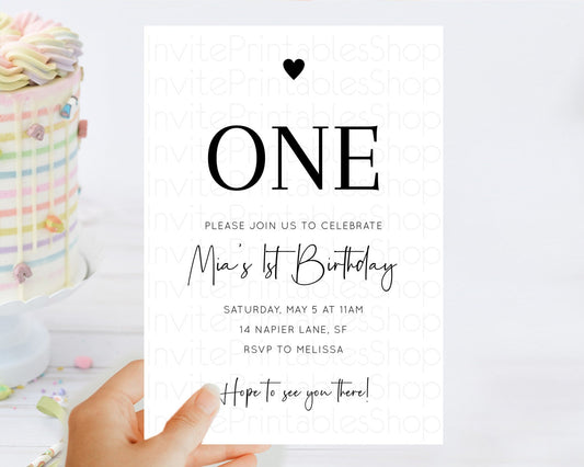 Minimalist Birthday Invitation White Black Invitation Minimalist Pastel Invitation Plain Invites Modern Simple 1st First  Birthday D10955