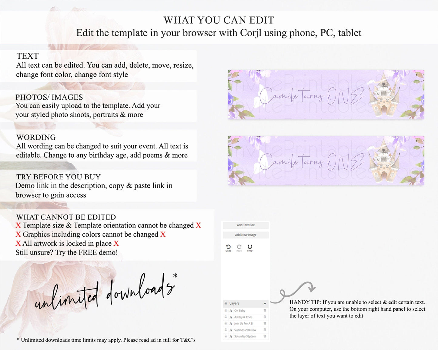 Princess Water Label Template Secret Garden Enchanted Castle Pastel Floral Royal Party Decor For 1st Birthday Baptism Baby Shower D10339