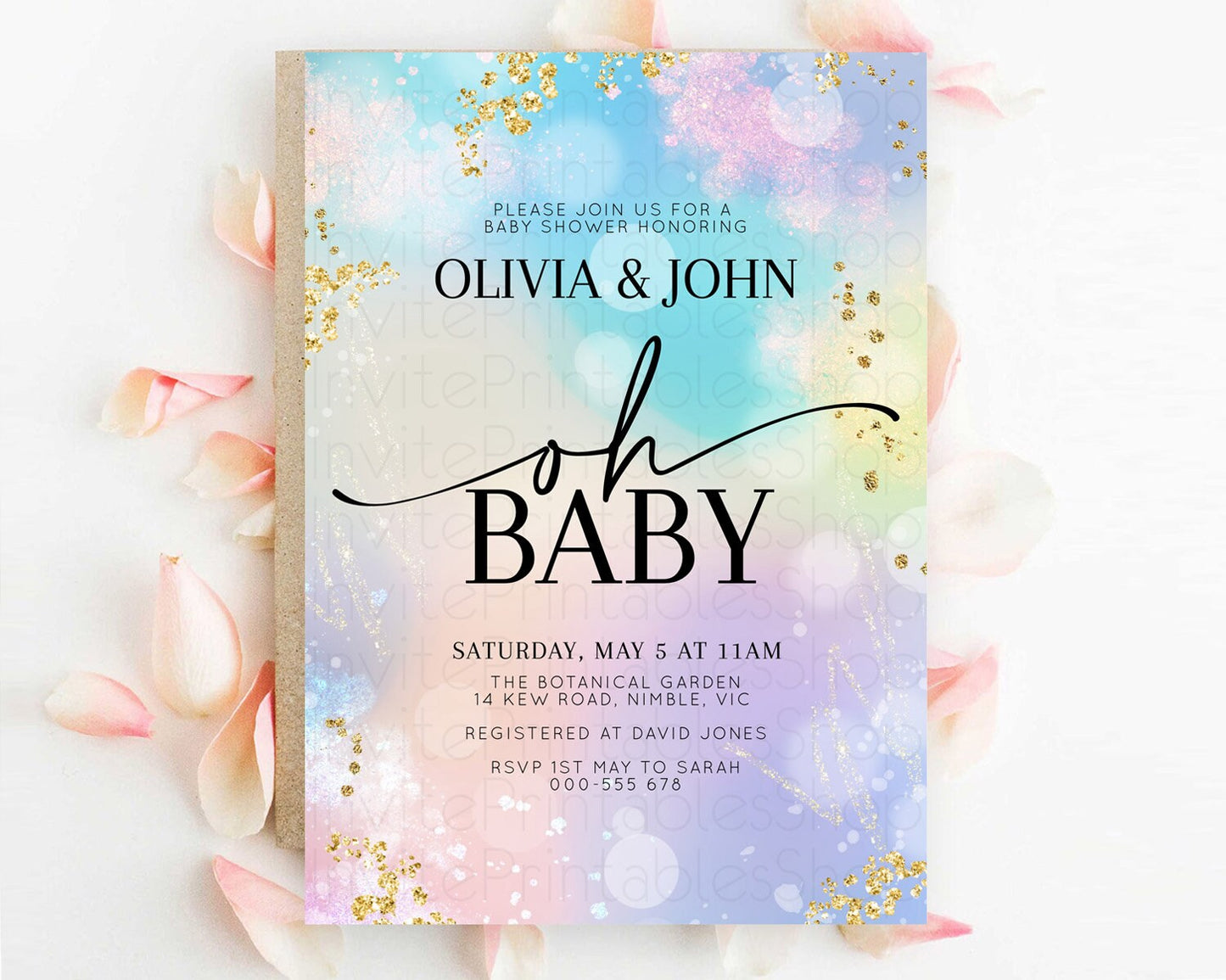 Pastel Baby Shower Invitation Rainbow Baby Shower Invitation Colorful Pastel Watercolor Invitation Gold Glitter Sprinkles Ombre D10675