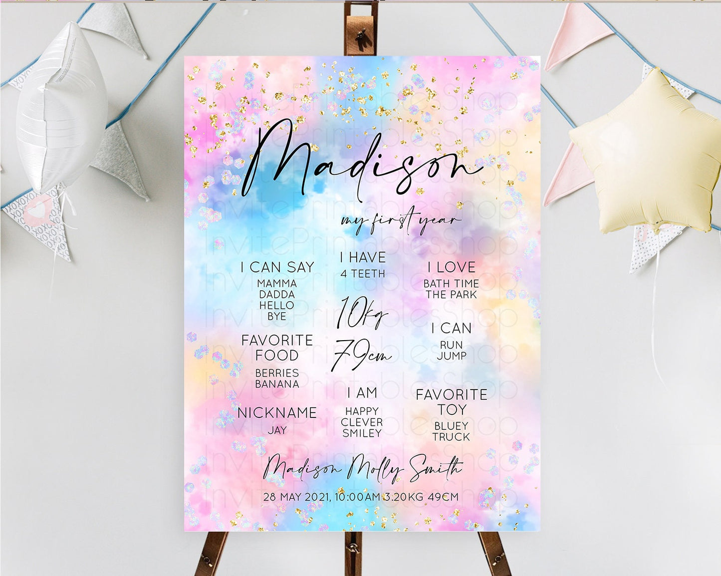 Pastel First Birthday Milestone Board Pastel Rainbow Milestone Poster Colorful Confetti Watercolor Glitter 1st Birthday Welcome Sign D10607