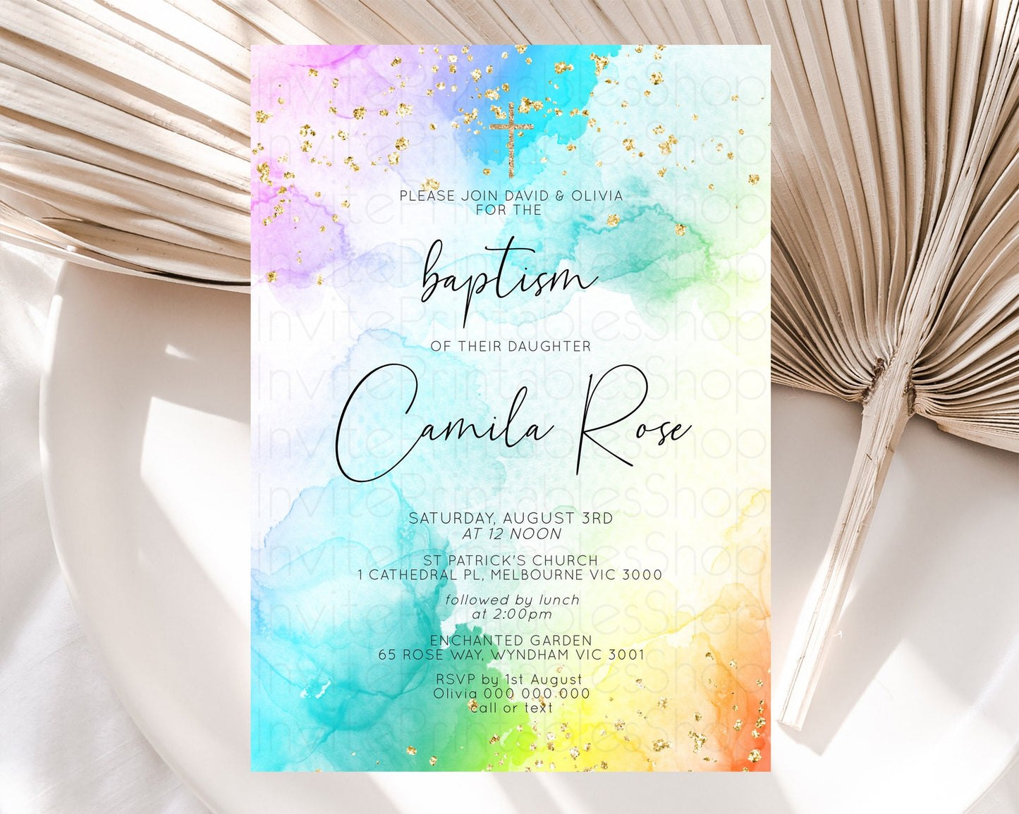 Pastel Baptism Invitation Pastel Colors Watercolor Baptism 1st Birthday Party Gold Ombre Pastel Rainbow Christening Holy Communion D10771