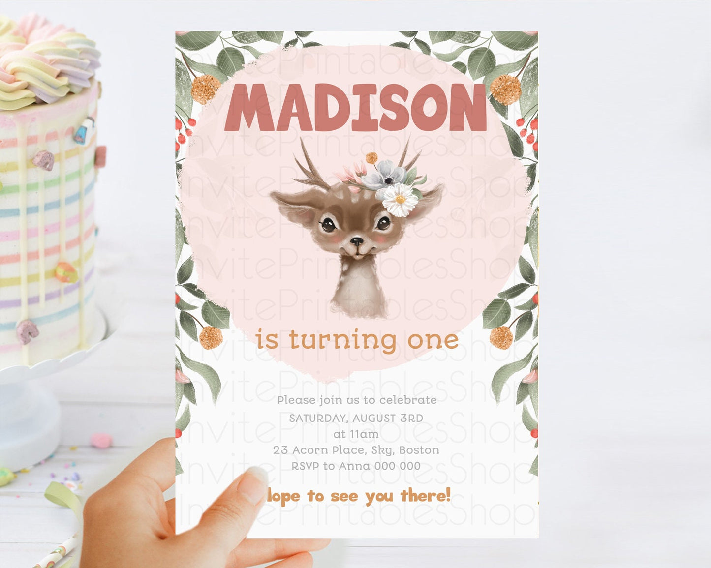 Fawn Birthday Invitation Deer Birthday Invitation Enchanted Forest Party Butterfly Pastel Flowers Whimsical 2nd 1st First Birthday D10656