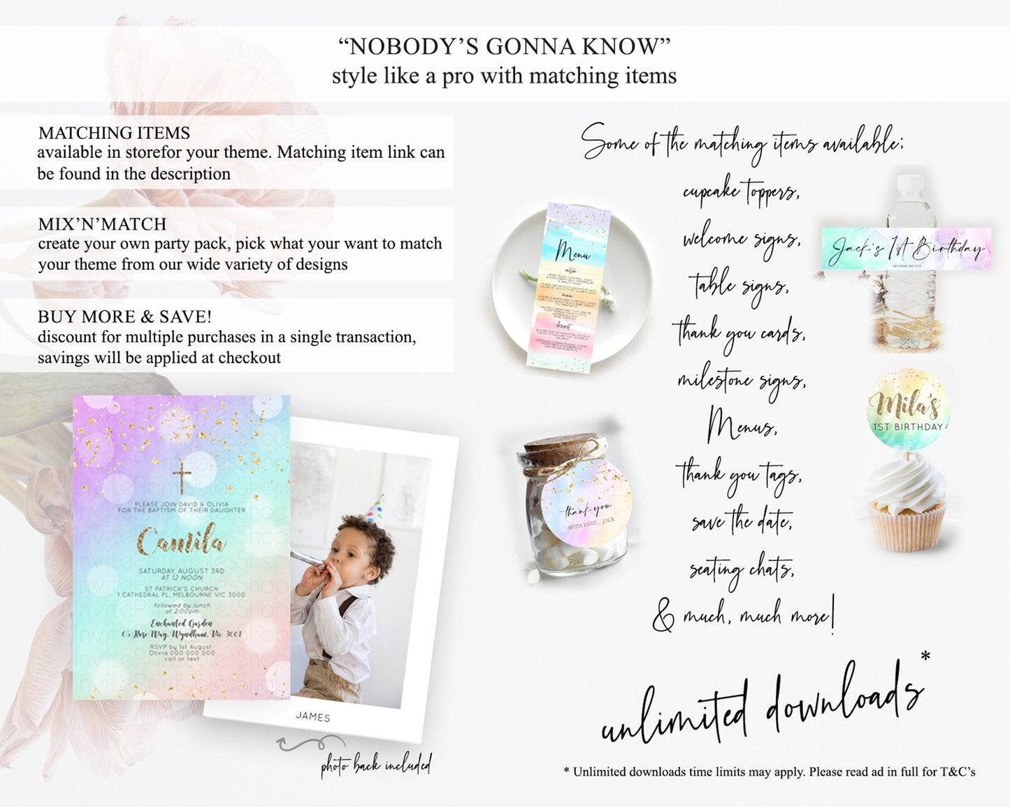 Pastel Baptism Invitation Pastel Colors Watercolor Baptism 1st Birthday Party Gold Ombre Pastel Rainbow Christening Holy Communion D10621