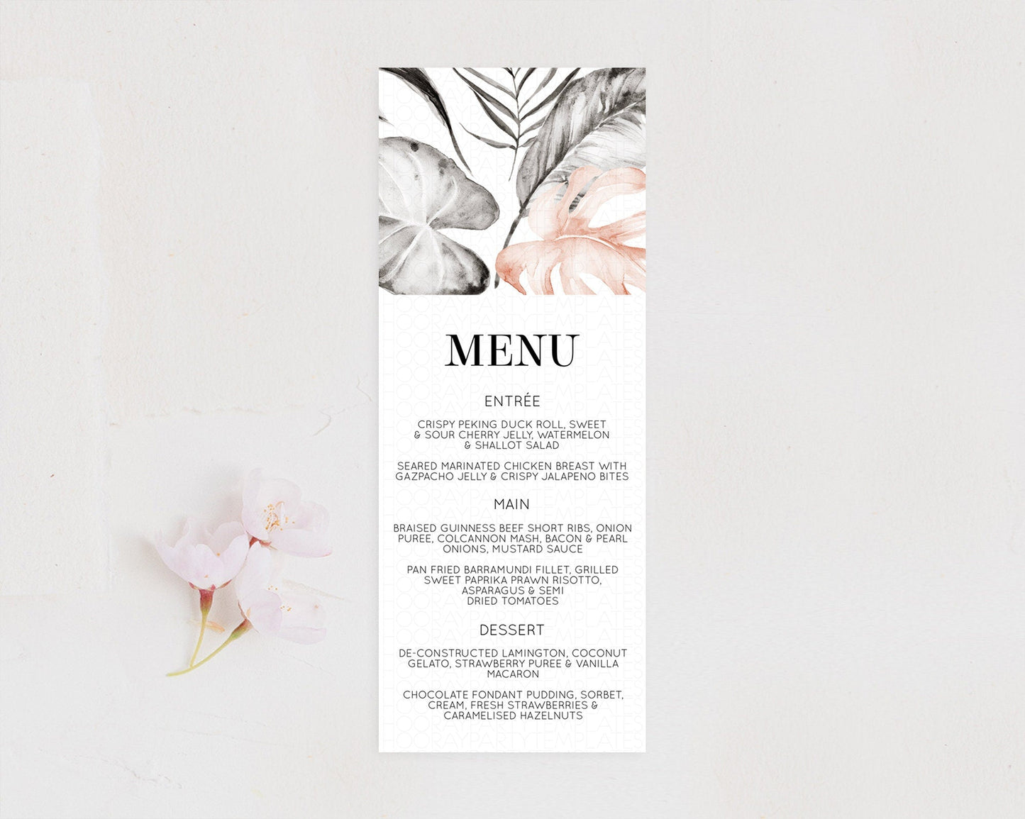 Tropical Menu Template Tropical Menu Palm Leaf Fern Table Decor Frangipani Floral White Orchid Dinner Dessert Menu Party Food Menu D11065