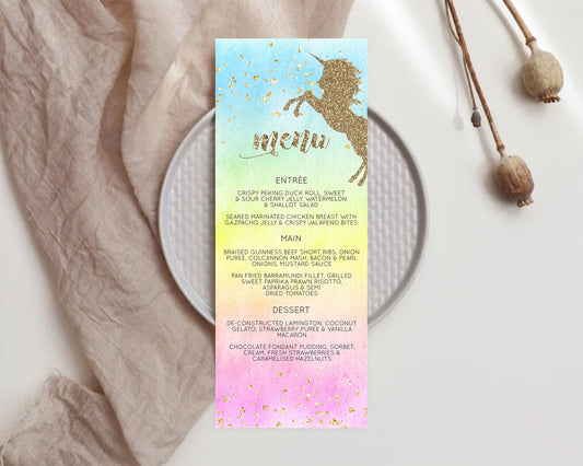Editable Unicorn Rainbow Menu Template Pastel Unicorn Menu Magical Ombre Uni
